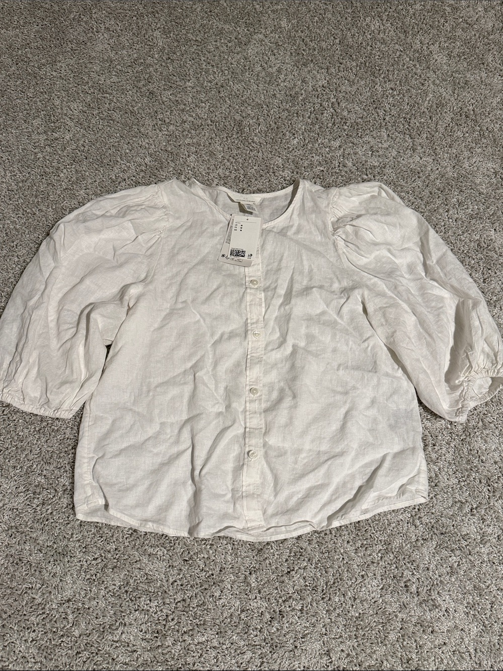 H&M White Button-Front Puff Sleeve Blouse